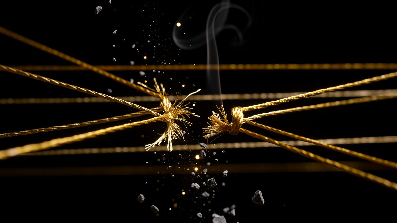 Eight golden threads against darkness, one breaking into sparks